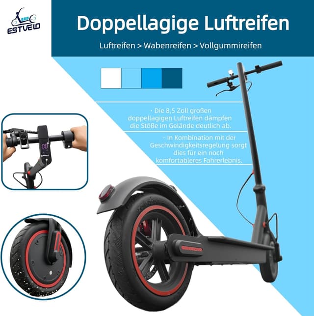 Detalle de ESTVELO E Scooter S4 (bis 20 km/h) – faltbar mit breiteren Luftreifen und bis 30 km Reichweite