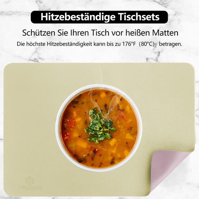 Detalle 2 de HELI MIAO abwischbare Tischsets aus PVC-Lederoptik inkl. Untersetzer (2er-Set), grasgrün & violett