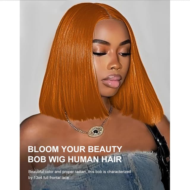 Detalle 2 de FFEGG Ginger Orange Bob Wig (13x4 HD Transparent Lace Frontal, Human Hair) — Straight Short Bob
