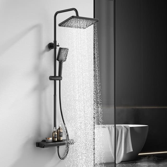 Thumbnail 6 de HOMELODY Duschsystem mit Thermostat, Glasablage und 30×20 cm Kopfbrause (schwarz) – Komplettset mit 3 Strahlarten