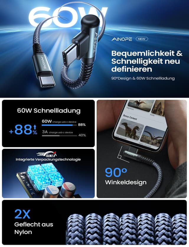 Detalle de AINOPE USB‑C Kabel 60W PD 3.0 (90° L‑Form), USB‑C auf USB‑C, 1 m