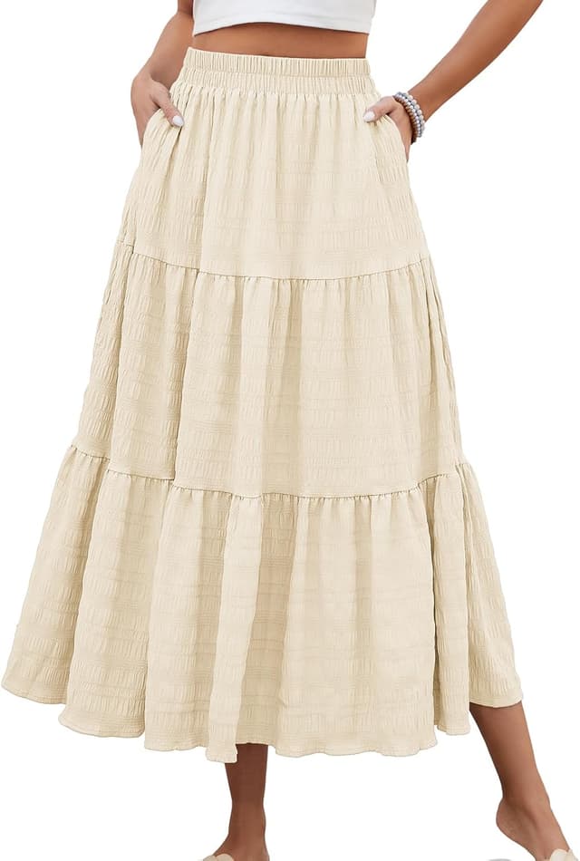 Detalle de HUSKARY Women’s Tiered Smocked Maxi Skirt with Pockets (High-Waisted, A-Line, Flowing Layered Look)