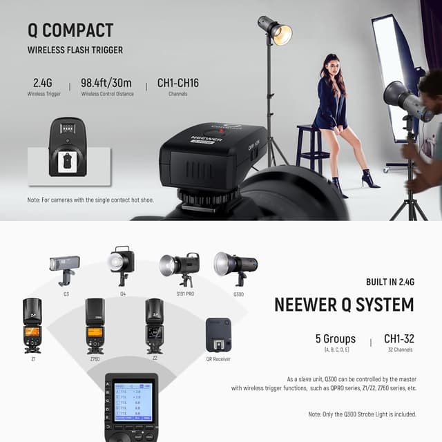 Detalle de NEEWER Q300 300Ws 2.4G Outdoor Studio Flash with Q Compact Wireless Trigger (cordless monolight)