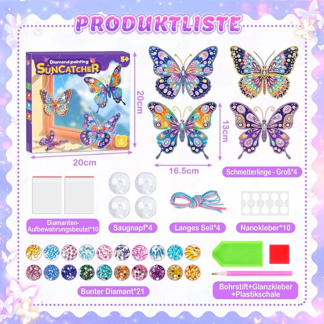 Detalle 2 de DIY Diamond Painting Bastelset für Mädchen (ab 6 Jahren) – Schmetterling als Window-Color/ Sonnenfänger