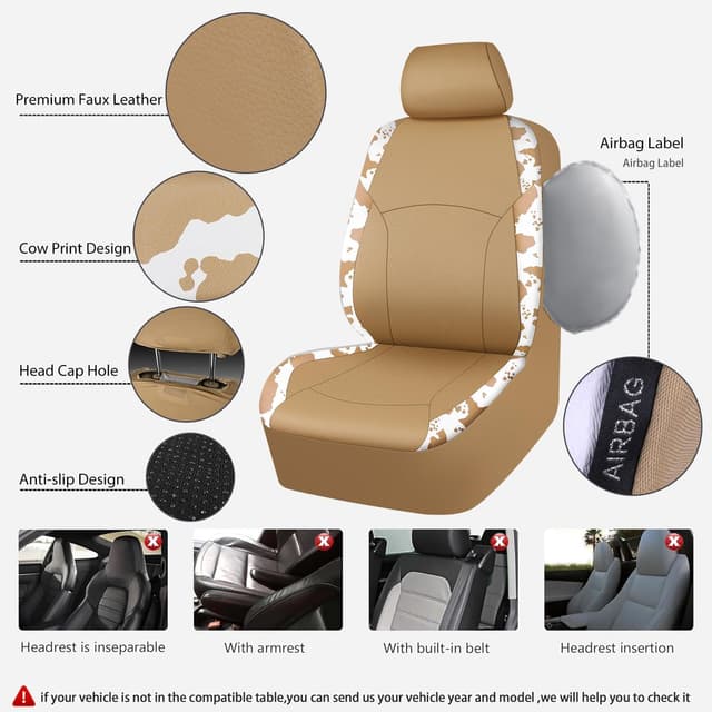 Detalle de CAR PASS Cow Print Faux Leather Car Seat Covers & Car Mats Set (Beige)