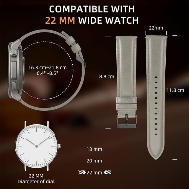 Detalle 1 de LanQii Lederarmband (22 mm) für Amazfit Active Max, T-Rex 3 Pro & mehr – Hellgrau