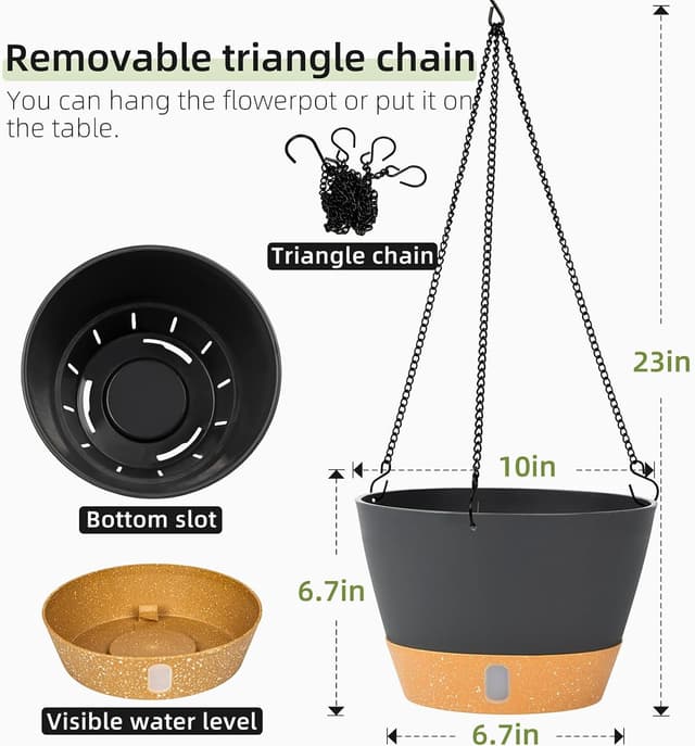 Detalle 2 de QCQHDU 2-Pack Hanging Planters (25.4cm) with Drainage Hole and 3 Hooks, Grey
