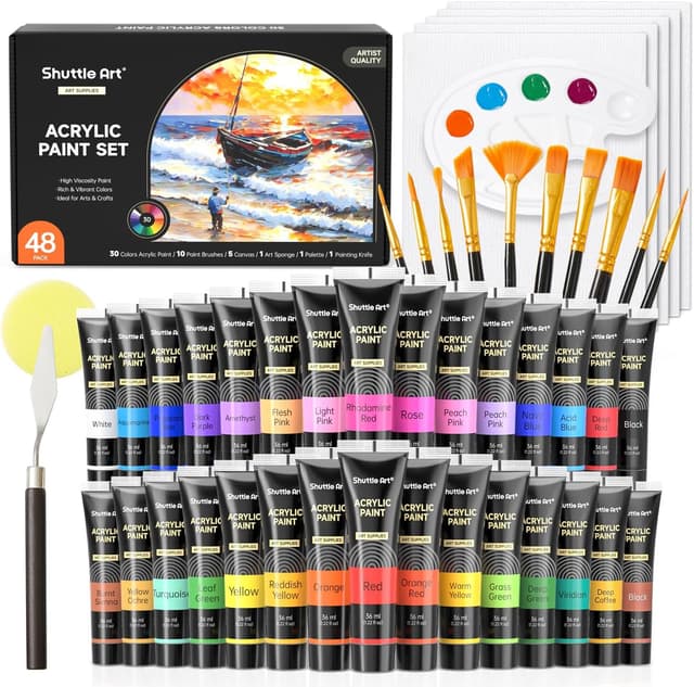 Detalle de Shuttle Art 48 Pack Acrylic Paint Set with 30 colours, 10 brushes, 5 canvases and palette