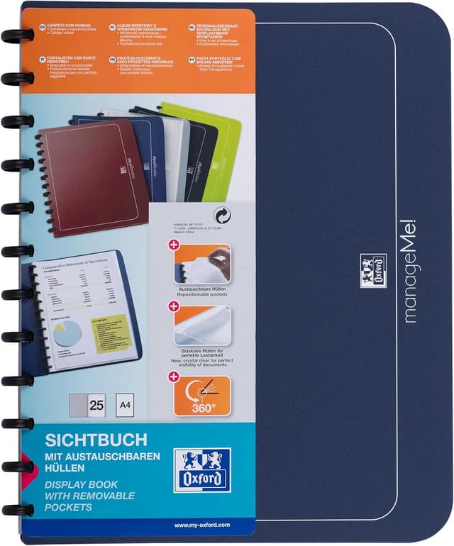 Detalle de Oxford Ring-Mappe A4 manageMe mit Vario-Zipp und 25 glasklaren Hüllen (5er-Set), dunkelblau