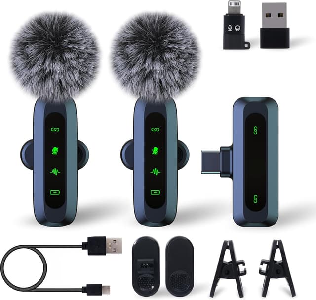 Detalle de Mikrofon handy für iPhone & USB-C – kabelloses Lavalier-Mikrofon mit LED-Display