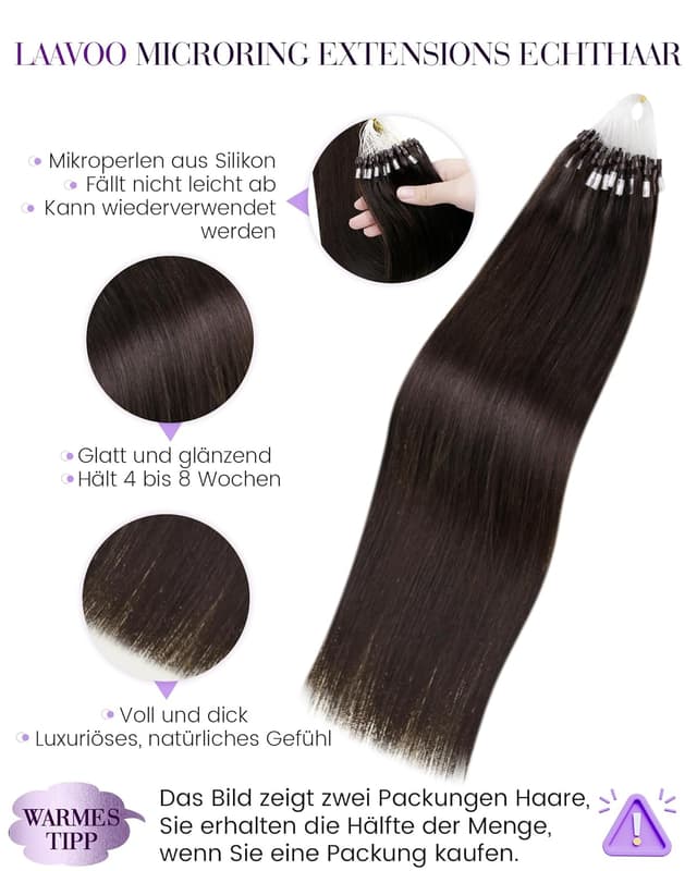 Detalle de LaaVoo Microring Extensions Echthaar, dunkelstes Braun #2, 40 cm (Micro Loop, Remy, 50 g)