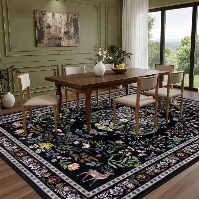 Detalle de 9x12 Area Rugs Living Room Rug (Vintage Washable, Floral Animal Print) Non-Slip, Low Pile, Stain Resistant