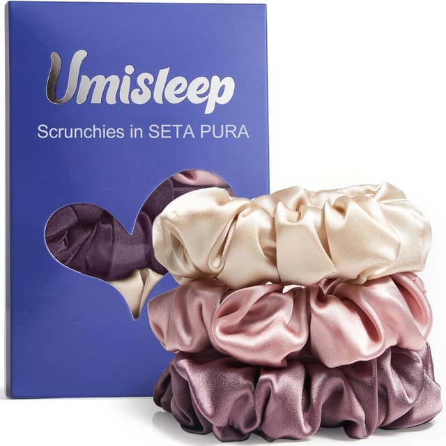 Detalle de Set di 3 scrunchies in seta Umisleep (100% gelso) rosa + champagne + viola prugna