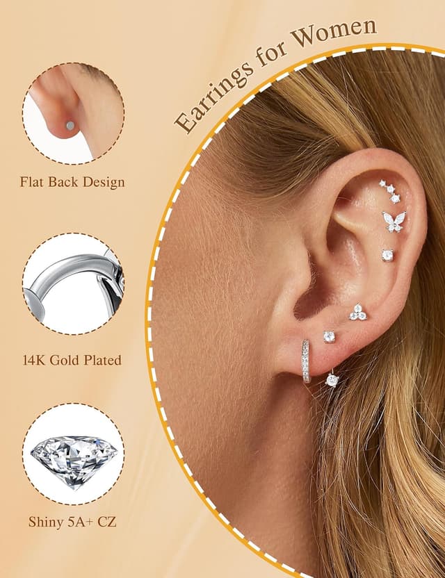 Detalle de TINGN 7 Pairs Stud Hoop Earrings Set (14K Gold Plated) for Women – Hypoallergenic Huggie & Tiny Stud Mix