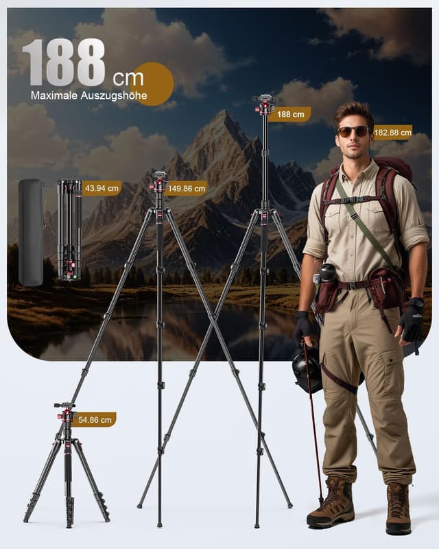 Detalle 2 de CAMBOFOTO 188 cm Kamerastativ mit Kugelkopf 🎥
