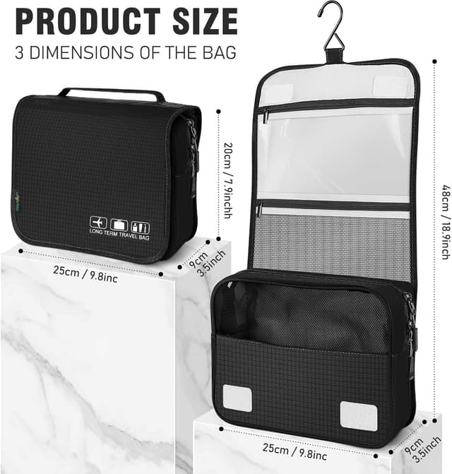 Detalle 2 de Hängender Kulturbeutel mit Haken (schwarz) – Kulturbeutel zum Aufhängen, 25 x 20 x 9 cm, 4 Fächer