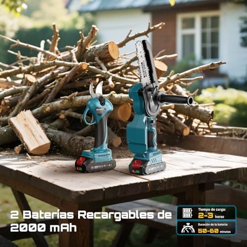 Thumbnail 3 de SEESII 6 Pulgadas Mini Motosierra a Batería & 33 mm Tijeras de Podar Eléctricas, 2-en-1 Kit Herramientas de Jardín con 2 × 2000 mAh Baterías, Motor Brushless, Ideal para Corte de Troncos y Ramas
