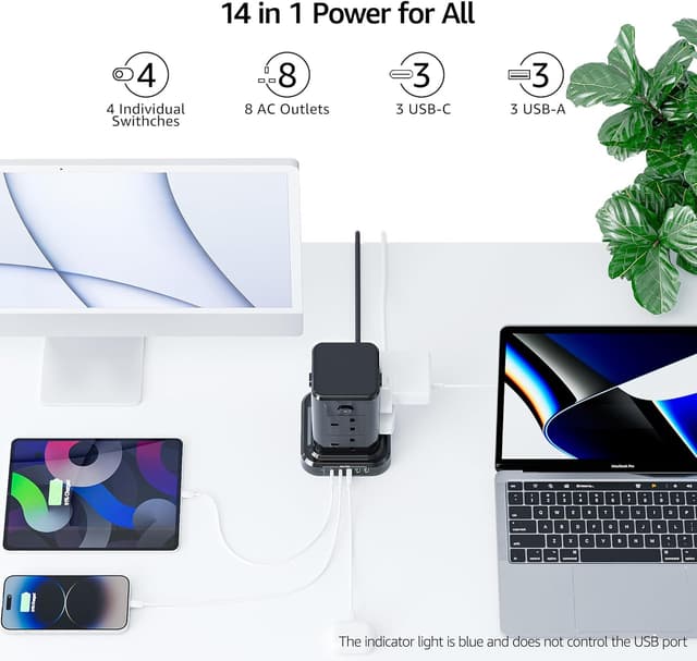 Detalle de Tower Extension Lead 8‑Way with 6 USB, 13A 3250W 🔌