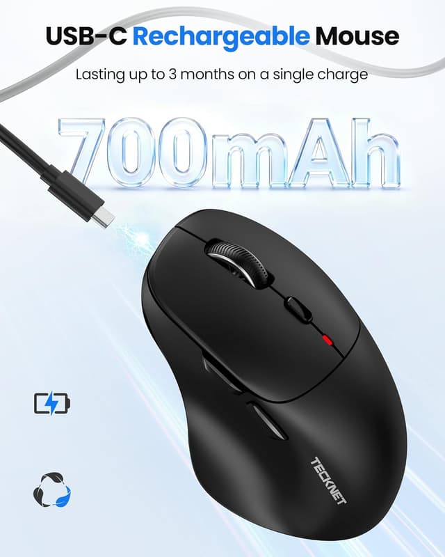 Detalle 2 de TECKNET Rechargeable Tri-Mode Wireless Mouse (BT 5.0/3.0 + 2.4G) with 4800DPI, Silent Clicks, 6 Buttons