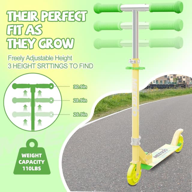 Detalle de MEE GOO Scooter for Kids (Ages 3+) – 2 Wheels, Easy Folding, 3-Level Adjustable Handlebar & Rear Brake
