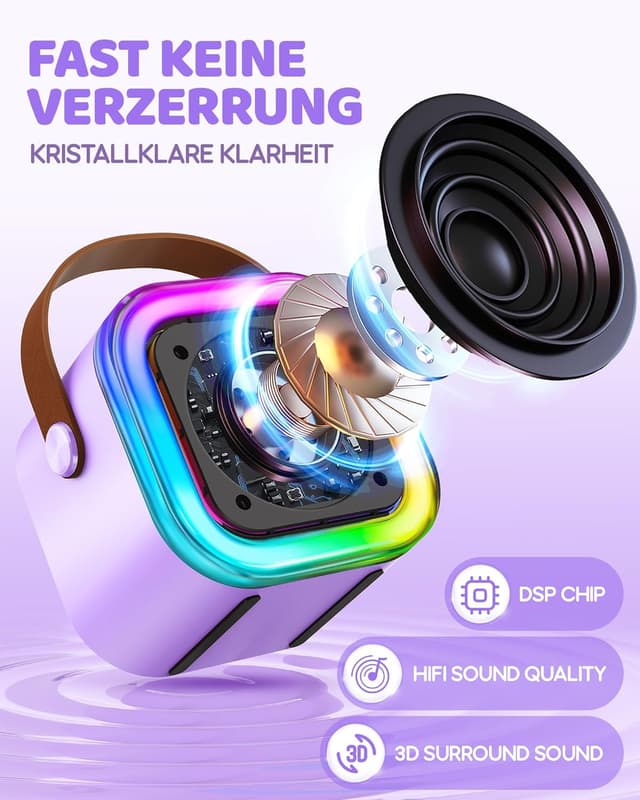 Detalle 2 de Kinder-Karaoke Maschine (3–12 Jahre) mit 2 Mikrofonen – violett, Bluetooth & TF-Karte