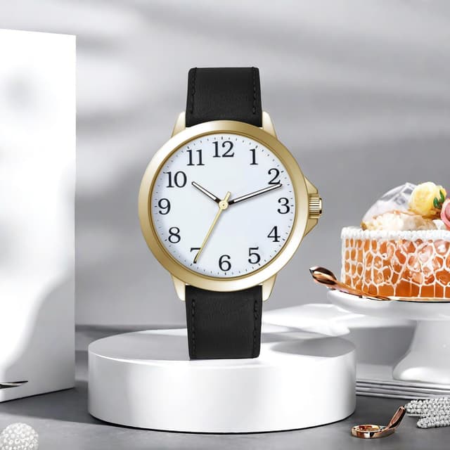 Detalle de NUOVO Herren Analog-Quarzuhr mit großem Zifferblatt, schwarzem Lederarmband (45 mm) – gut ablesbar