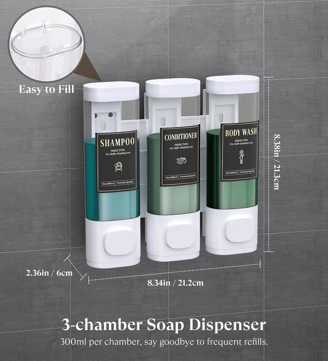 Detalle 2 de Luxspire 3-Chamber Wall Mounted Shampoo & Conditioner Dispenser (No-Drill), White