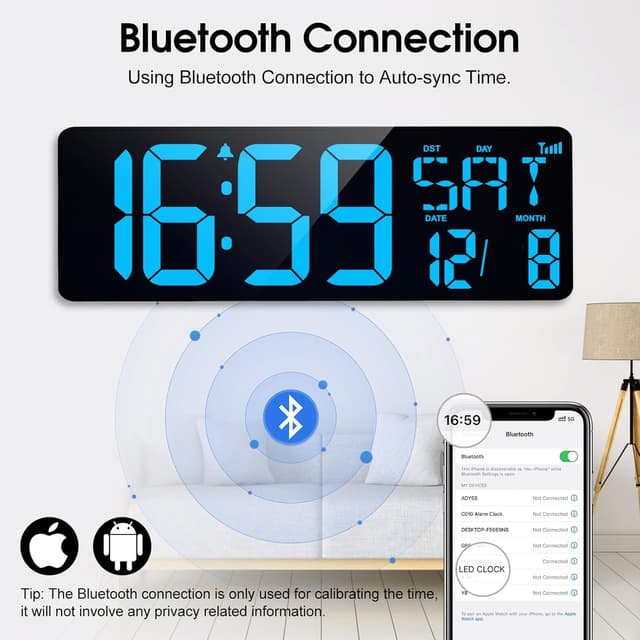 Detalle de XREXS 17 Inch Digital Wall Clock with Bluetooth auto-sync, auto-dimming and time/date/temperature display