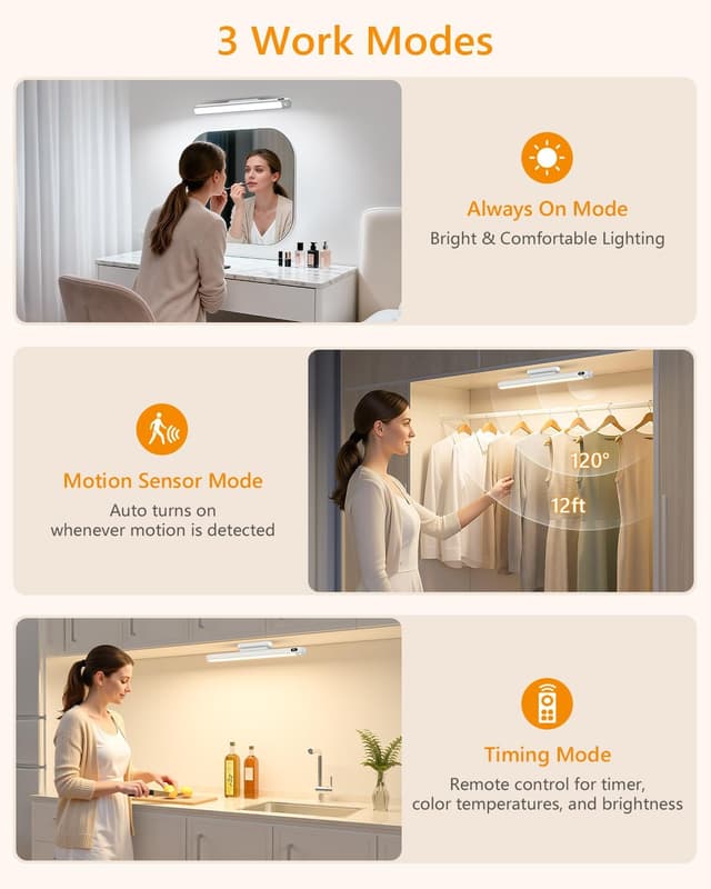 Detalle de WILLED 5W Schrankbeleuchtung mit Bewegungsmelder, LED Unterbauleuchte mit Fernbedienung – 3 Farbtemperaturen & Akku