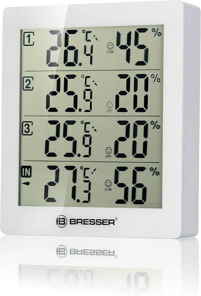 Detalle de BRESSER termoiogrometro bianco con 3 sensori remoti e stazione base LCD