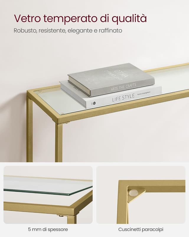 Detalle de VASAGLE LGT132A01 consolle da ingresso con piano in vetro temperato oro pallido e trasparente