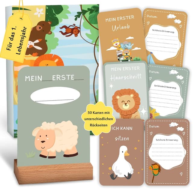 Detalle de Giftota Baby-Meilensteinkarten mit Tiermotiven (50 Karten) inkl. Holz-Kartenständer