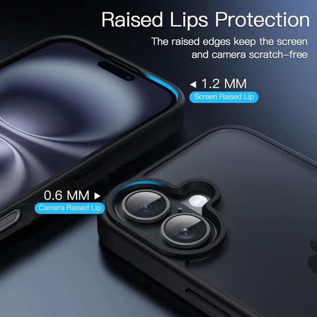 Detalle de JETech Matte Case for iPhone 16 Plus (6.7-inch) – Shockproof Military Grade Drop Protection, Frosted Translucent Back (Black)