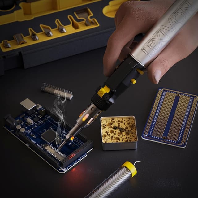 Detalle de LEXIVON LX-770 Kit saldatore a butano senza fili, set multiuso con autoaccensione e fiamma regolabile (set di 7 punte)