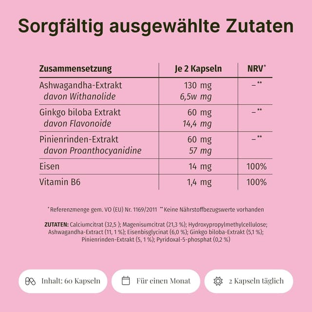 Detalle 2 de LEAF HARMONY BALANCE Balance-Kapseln für Frauen mit Vitamin B6, Ashwagandha, Pinienrinde & Ginkgo – 60 vegane Kapseln