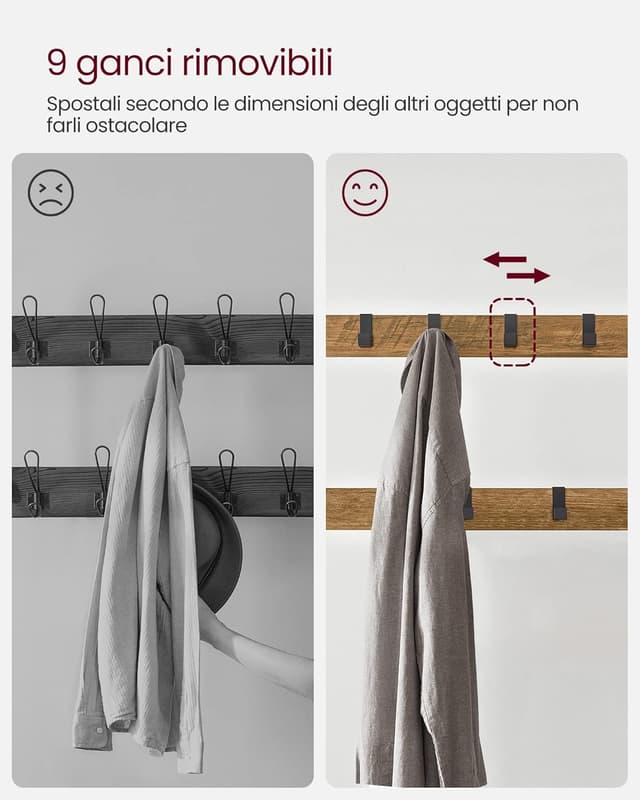 Detalle de VASAGLE Appendiabiti con scarpiera e panca HSR040B41, 4 in 1 per ingresso con 9 ganci rimovibili