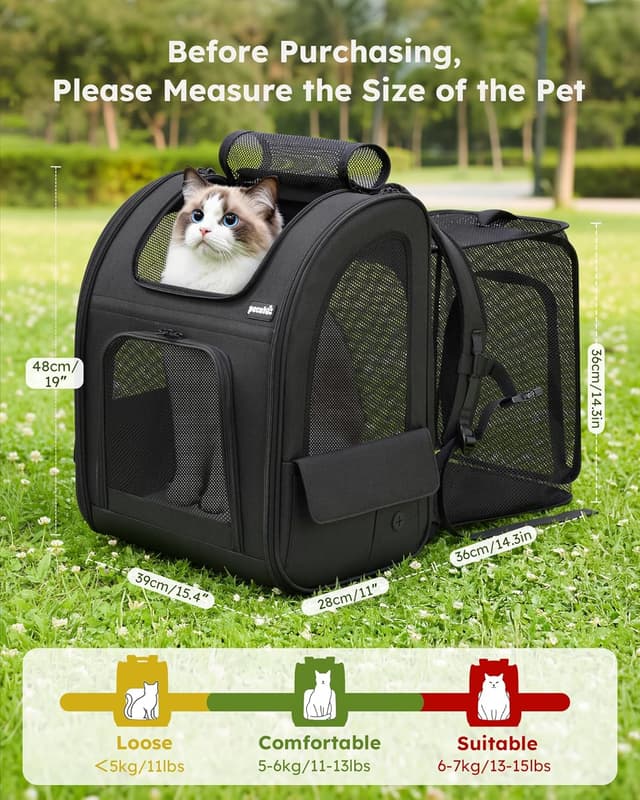 Detalle de Pecute Hunderucksack Erweiterbar XL für 6–10 kg, faltbarer Katzenrucksack mit Anti-offener Reißverschluss und Netzfenster (Grau)