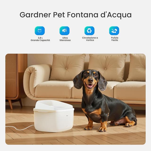 Detalle de Gardner Pet Fontana d’acqua a vortice ultra silenziosa con filtro 3,78 L per cani e gatti, serbatoio trasparente