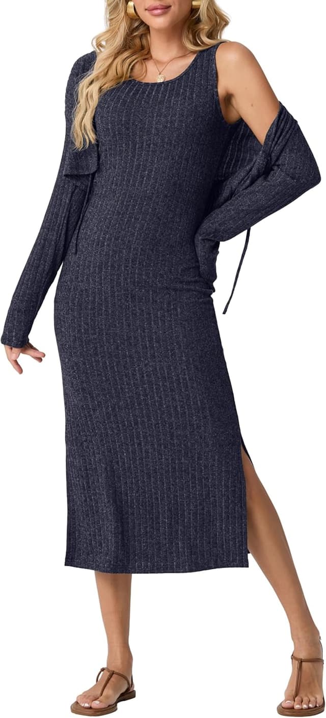 Detalle de GRECERELLE ribbed knit dress & cropped cardigan set: 2-piece midi outfit with tie-front cardigan