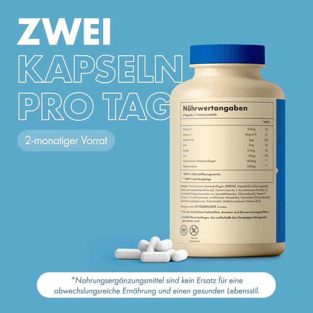 Thumbnail 6 de Incite Nutrition Meereskollagen Typ 1 hydrolysiert mit Vitaminen C, E, B12, Kupfer, Zink & Jod – 1.200 mg, 120 Stück