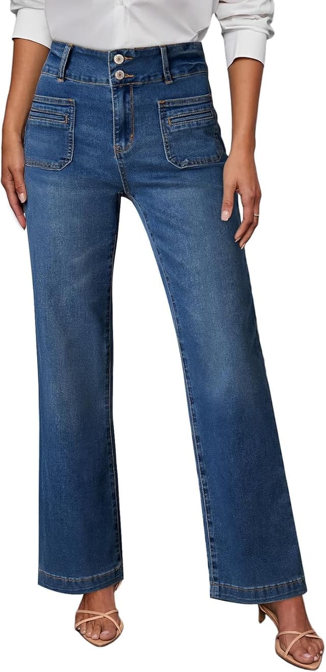 Detalle de Sidefeel Women’s High-Waisted Wide Leg Jeans with Tummy Control and Front Pockets