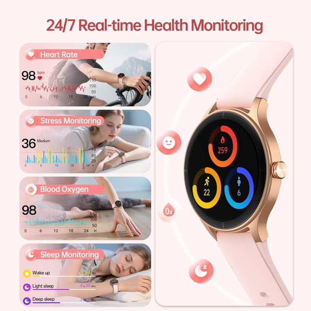 Detalle 2 de Women’s Smart Watch with AI Voice & Bluetooth Calls, 1.27” HD Fitness Tracker (Pink) — IP68, 110+ Sports Modes