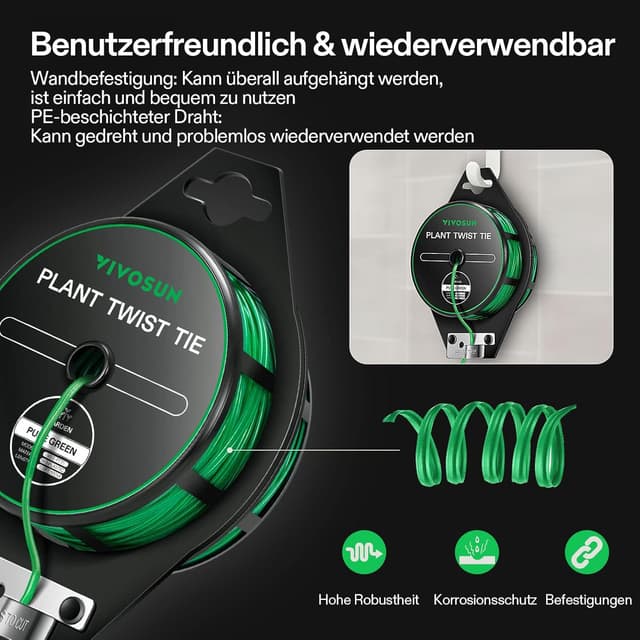 Detalle 2 de VIVOSUN Kabelbinder 100 m PE-beschichtete Pflanzenbinder mit Cutter – wiederverwendbar für Garten und Kabelmanagement