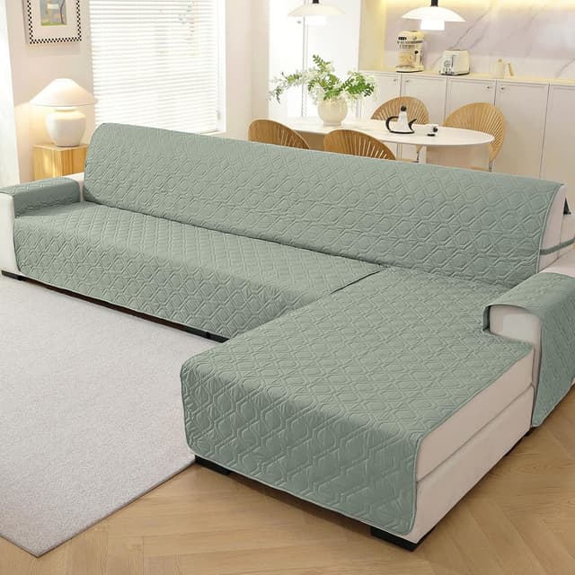 Detalle de YSTELLAA Impermeabile copridivano 3 posti con penisola reversibile (destra/sinistra) antiscivolo e antigraffio, verde chiaro