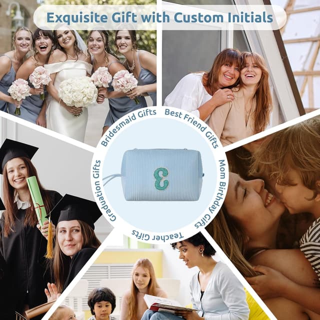 Detalle de FUZVOL A-Z personalised corduroy makeup bag for women (blue letter T) – small travel toiletry pouch