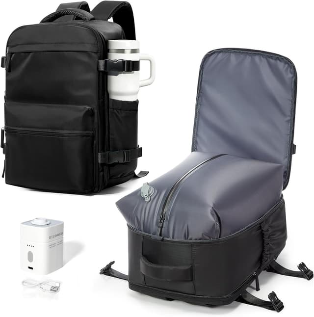 Detalle de BOXSAM Vakuum-Rucksack fürs Handgepäck (Airbag/Vakuumsystem, inkl. Pumpe) – Schwarz