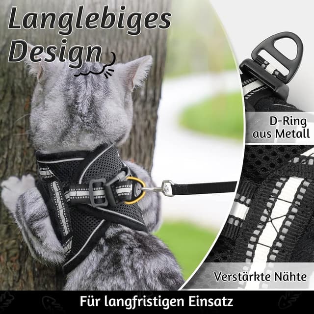 Detalle de rabbitgoo Katzengeschirr mit Leine, ausbruchsicheres Kitten-Set (S) mit reflektierenden Streifen, Schwarz