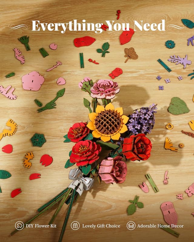 Detalle de Rolife Puzzle 3D en bois Bouquet de fleurs « Fleur éternelle » (Rose rouge)