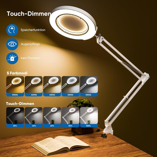 Detalle de Mandland 10X Lupe mit Licht und Klemme (beleuchtete Lupe aus echtem Glas) – White