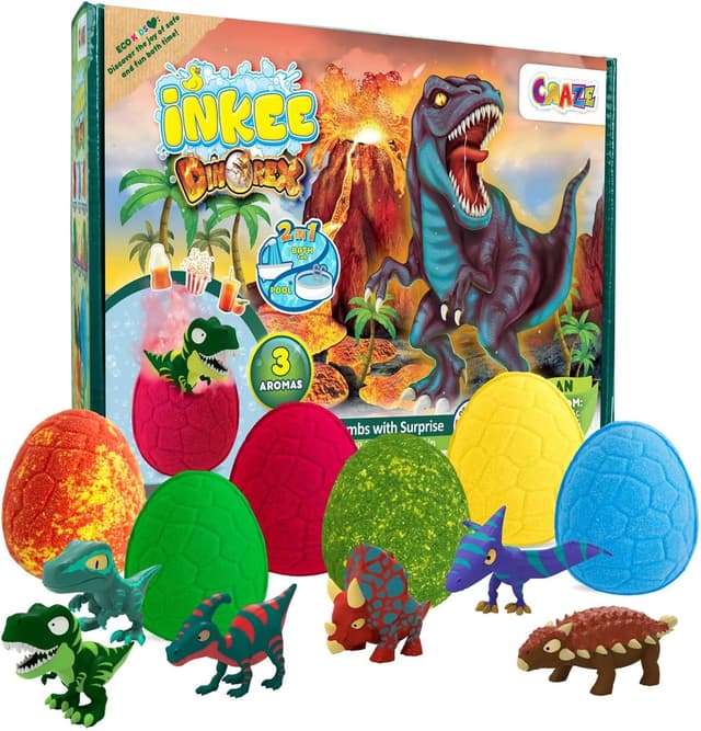 Detalle de INKEE Geschenkbox DINO mit 6 Kinder-Badebomben und 6 sammelbaren Dinosaurier-Spielzeug